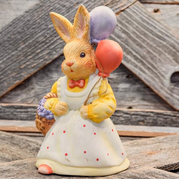 1987 Vintage Lefton-Ceramic Bisque Bunny-Balloons and Basket of a Flowers-5.5”H - Picture 2 of 8